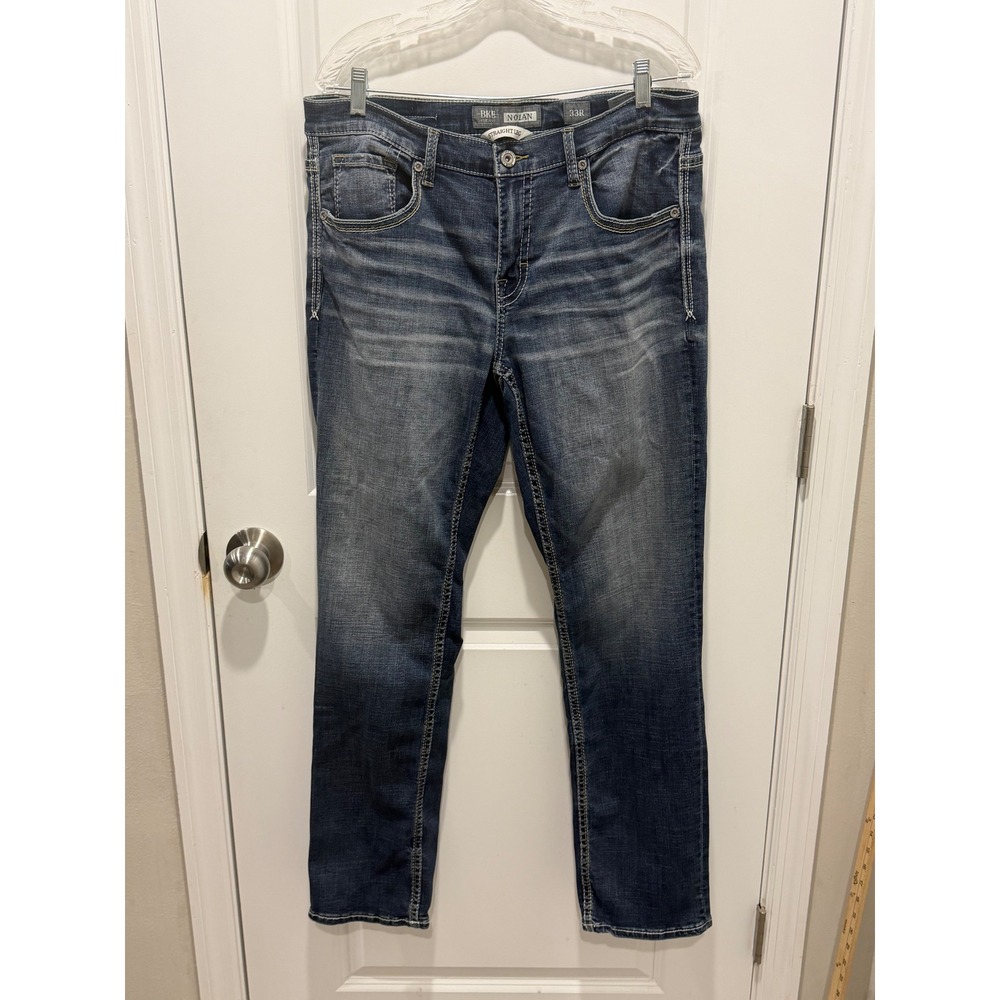 BKE Mens Nolan Straight Leg Jeans Blue Wash 33R Rugged Workwear W34 L31‎